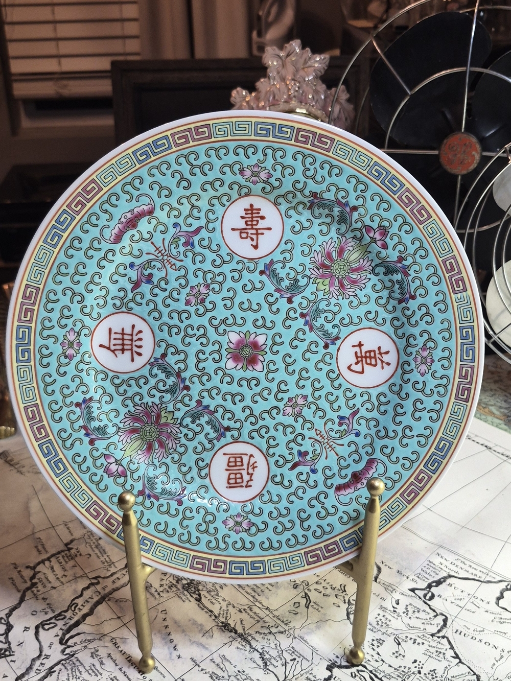Turquoise Floral Porcelain Display Plate with Pink Accents
